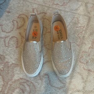 Gold slip on shoes with rhinestones